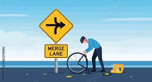 Cyclist Handling Bicycle Tire Issues with Roadside Sign Indicating a Join Ahead