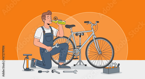Cyclist Refreshing After Bike Maintenance Complete, Enjoying Beverage, Orange Background