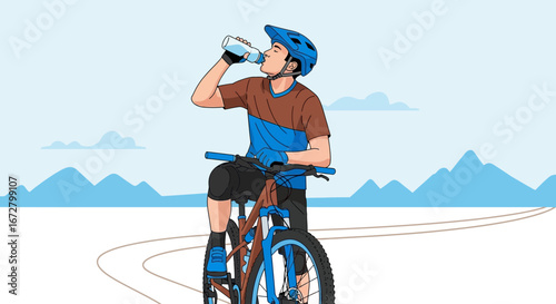 Cyclist Refreshing Himself With A Bottle Of Water On A Sunny Day Of Biking