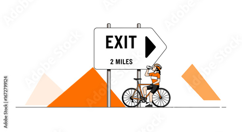 Cyclist Refreshing Near Exit Sign Demonstrating Endurance and Journey's End Symbolism