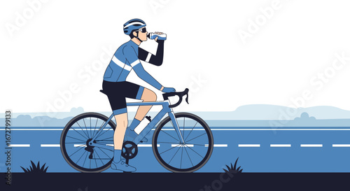 Cyclist Resting And Rehydrating During Bike Ride On The Road, Enjoying A Break