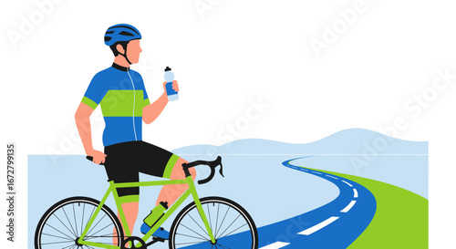 Cyclist Resting And Hydrating With A Road Ahead As a Path For Future Adventures