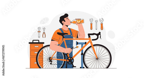 Cyclist Resting With Drink And Repairing Bicycle, Refreshing After A Long Day Of Work