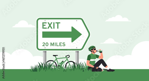 Cyclist Takes Refreshment Break Near Exit Sign After A Long Distance Bike Ride Journey