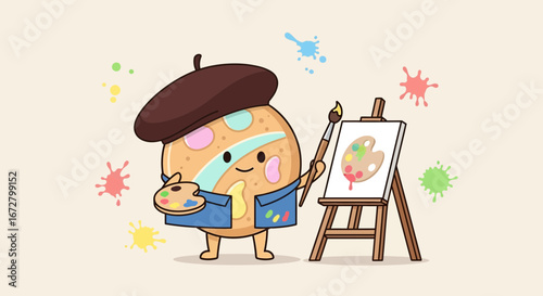 Creative Egg Character with Paints, Painting on Canvas, Cheerful Art Illustration