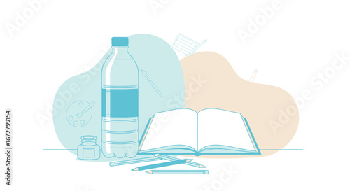 Creative Essentials: A Simplified Minimalist Illustration Depicting Artistic Tools and Hydration