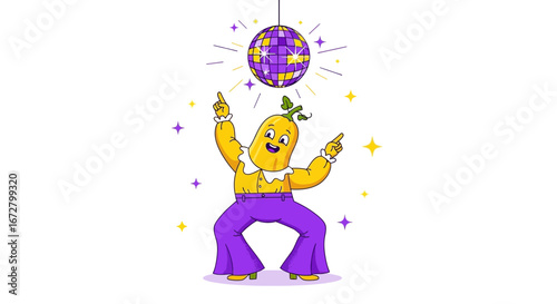 Dancing Squash Character Under the Disco Ball with Energetic and Cheerful Expressions