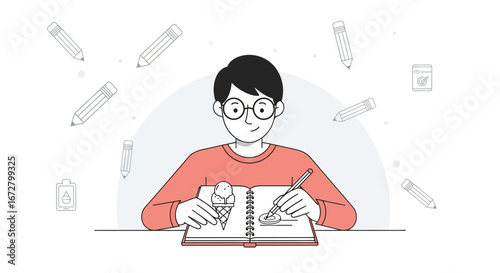 Creative Mind: Illustration Of A Person Sketching In A Notebook Design And Idea