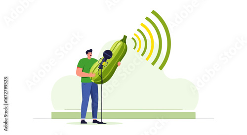 Creative Man Broadcasting Vegetable Produce Making Sound Waves Abstract Concept Design