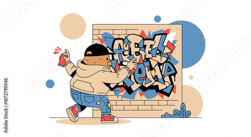 Creative Individual Sprays Colorful Graffiti Artwork on Brick Wall in Illustrated Display