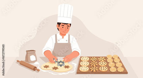 Creative Pastry Chef Showing Process Of Baking And Presenting Freshly Baked Cookies