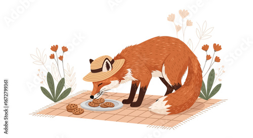 Dapper Fox Enjoys Picnic Time A Whimsical Illustration Of A Fox Picnic