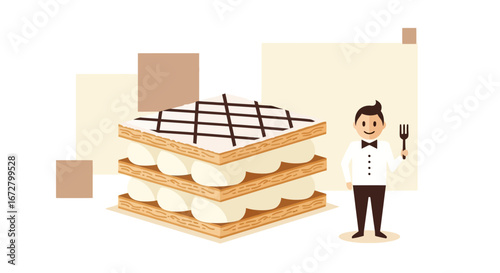 Delectable Pastry And Attentive Waiter Illustration For Culinary And Bakery Concepts