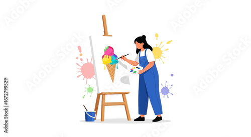 Creative Young Woman Painting Colorful Ice Cream on Canvas with Brush