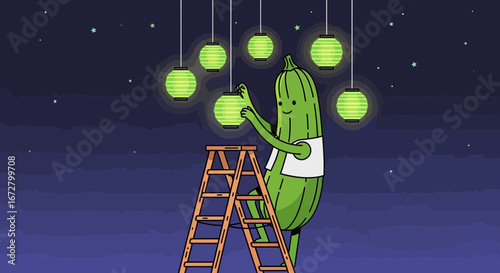Cucumber Character Hanging Lanterns Under The Starlit Sky For A Festive Celebration