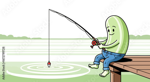 Cucumber Character Relaxing And Fishing On A Wooden Pier, Spending a Peaceful Day