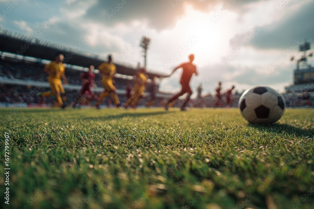 Fototapeta premium Soccer game on a field in an outdoor stadium during summer blurred background