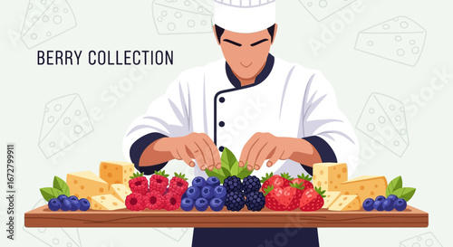 Culinary Arrangement: Chef Showcasing Berries And Cheese On A Wooden Board