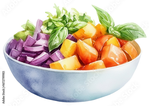 Fresh salad bowl with tomato, onion, mango, and basil in watercolor style