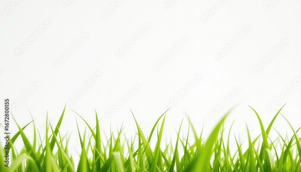Fototapeta premium Fresh Green Grass Blades Growing Upward Against a Clean, Minimalist White Background, Symbolizing Growth, Spring, and Renewal