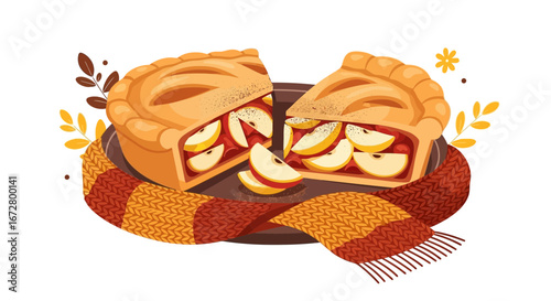 Delicious Apple Pie Slices, Warm Scarf, Autumnal Seasonal Dessert, Cozy Vibes, Vector Illustration