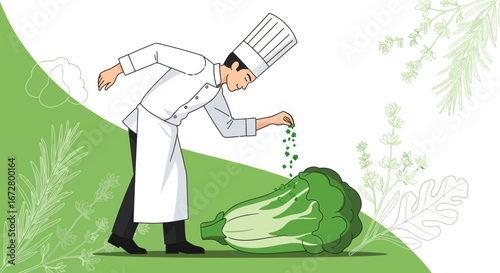 Culinary Arts Illustration: Chef Preparing Fresh Greens with Creative Skillful Precision