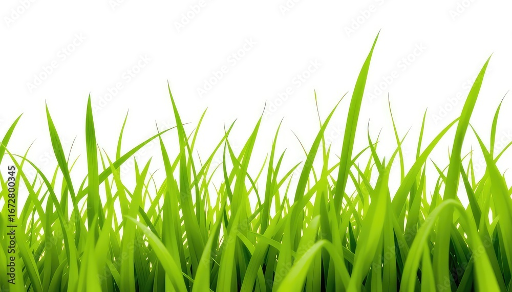 Fototapeta premium Bright green grass blades filling the frame against a clean white background showcasing freshness and new growth