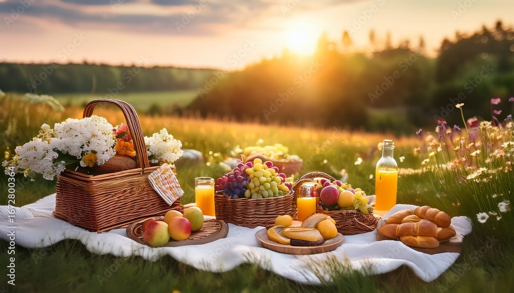 Fototapeta premium hello june summer picnic fresh fruits flowers and outdoor tranquility