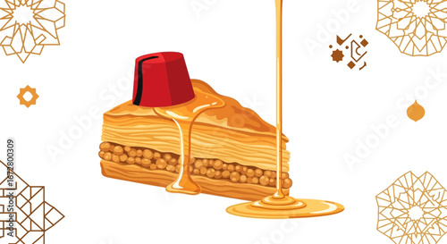 Delicious Baklava Slice Drenched In Syrup and Adorned With a Red Fez on a White Background