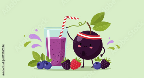 Delicious Berry Smoothie Featuring a Happy Fruit Character and Refreshing Drink Illustration