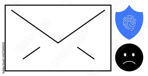 Envelope graphic alongside blue shield with fingerprint and sad face icon. Ideal for digital privacy, email security, data protection, online vulnerability, cybersecurity risks, communication issues