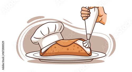 Delicious Cannoli Being Elegantly Decorated by a Dedicated Chef on a Plate