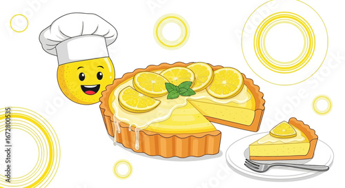Delicious Cartoon Lemon Tart with Cheerful Chef Emoji and a Slice On Plate