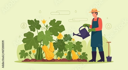 Cultivating Abundance: A Gardener Waters His Garden Of Fresh, Organic Produce