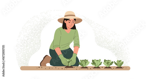 Cultivating Garden: A Woman Tending Lettuce Crops in Illustrative Style