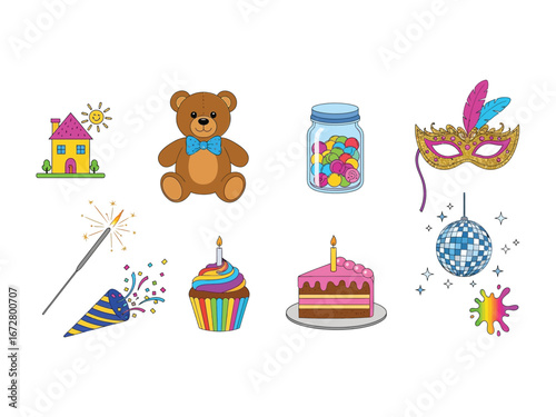 Celebration of Joy: A collection of cheerful illustrations, encompassing a festive house, cuddly teddy bear, a jar of candy, vibrant mask, sparkler, a confetti popper, a delightful cupcake.