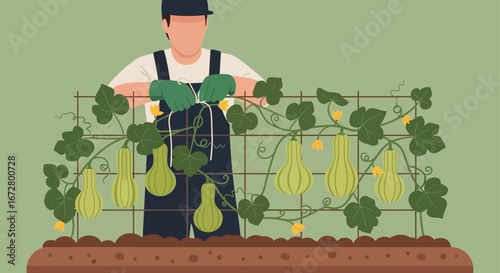 Cultivating Gourds: A Gardener's Efforts In A Lush and Bountiful Vegetable Patch