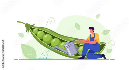 Cultivating Peas: A Gardener Watering Immense Pods in a Playful, Artistic Depiction