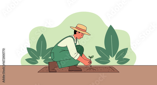 Cultivating New Beginnings: A Farmer Planting A Seedling In Fertile Earth