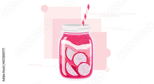 Delicious Dragon Fruit Smoothie In A Jar With A Striped Straw Refreshing Drink