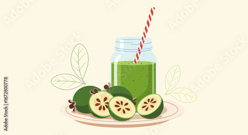 Delicious Feijoa Smoothie With Fresh, Healthy Fruits and Straw on a Beautiful Plate
