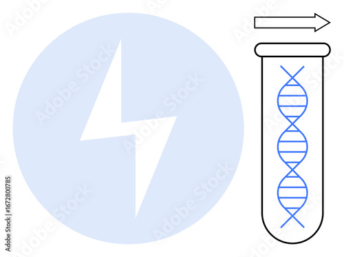 DNA strand inside a test tube accompanied by an arrow indicating progress and a lightning bolt for energy. Ideal for science, biotechnology, genetics, innovation, research, experiments, progress