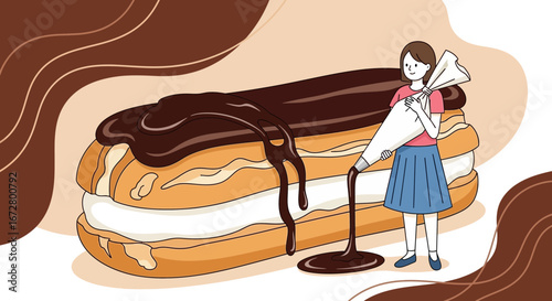 Delicious Eclair Being Decorated by a Smiling Person with Chocolate Sauce Drizzle Illustration