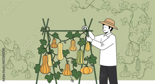 Cultivator Nurturing Pumpkins On Trellis In A Peaceful Garden Environment