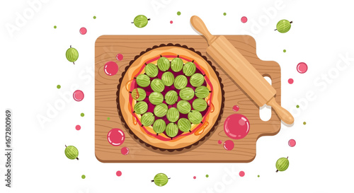 Delicious Gooseberry Tart on a Wooden Board with a Rolling Pin, Freshly Baked Dessert