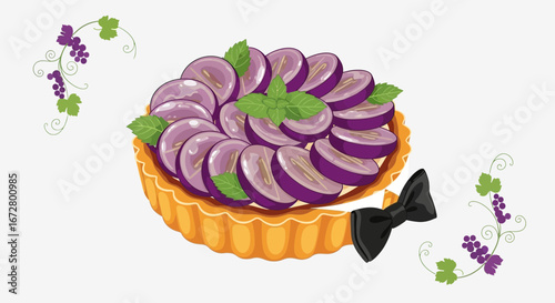 Delicious Grape Tart With Mint Garnish And Decorative Grape Vine Illustrations
