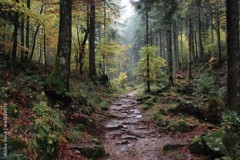 Obraz premium Somber woodland route fall hiking path in the Schwarzwald