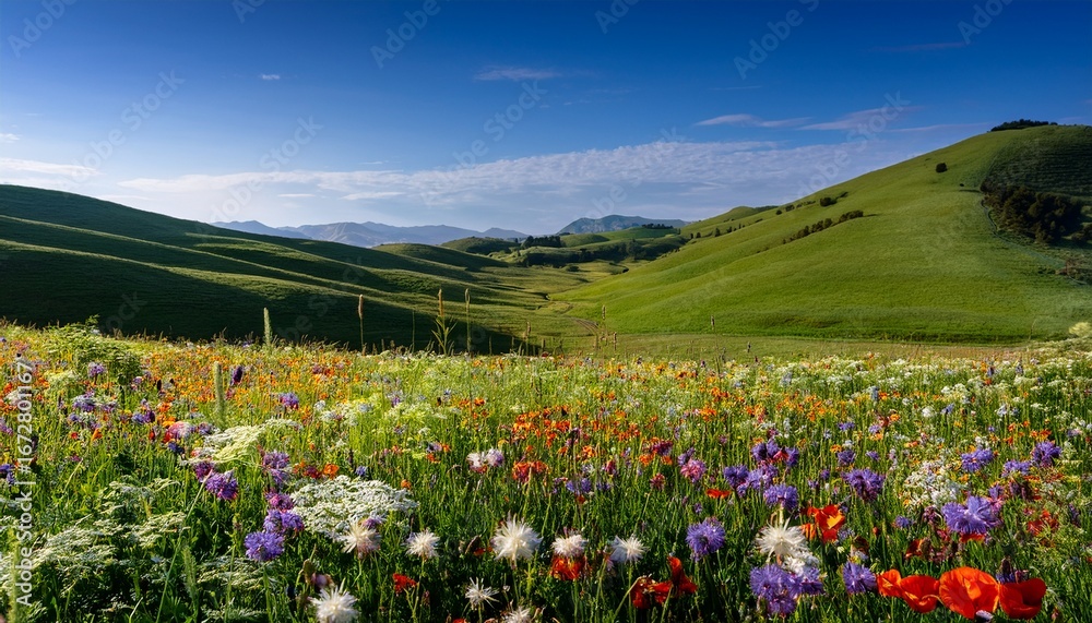 Obraz premium colorful wildflowers bloom in a lush meadow surrounded by green grass a serene landscape is visible in the background featuring rolling hills and a clear blue sky