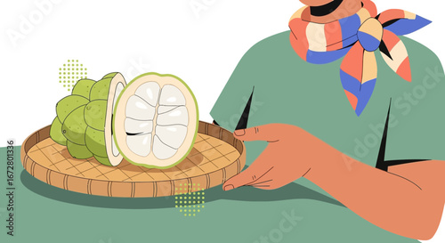 Custard Apple Illustration: A Person Presenting Soursop Fruit on Woven Tray