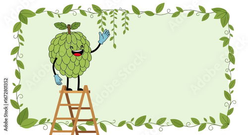 Custard Apple Mascot Cartoon on Ladder with Leaf Border for Template